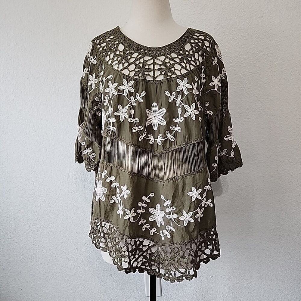Oliverâ O Womens M Green Open Crochet Top Boho Peasant Cover Up Hippie Festival